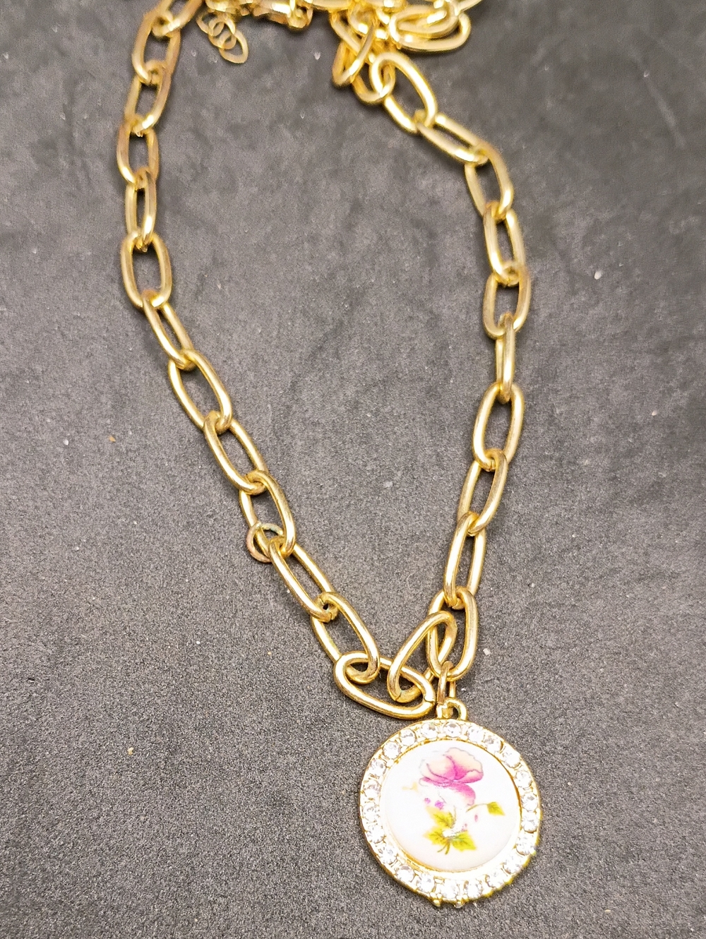 Gold-Tone Chain Necklace with Pink Floral Pendant